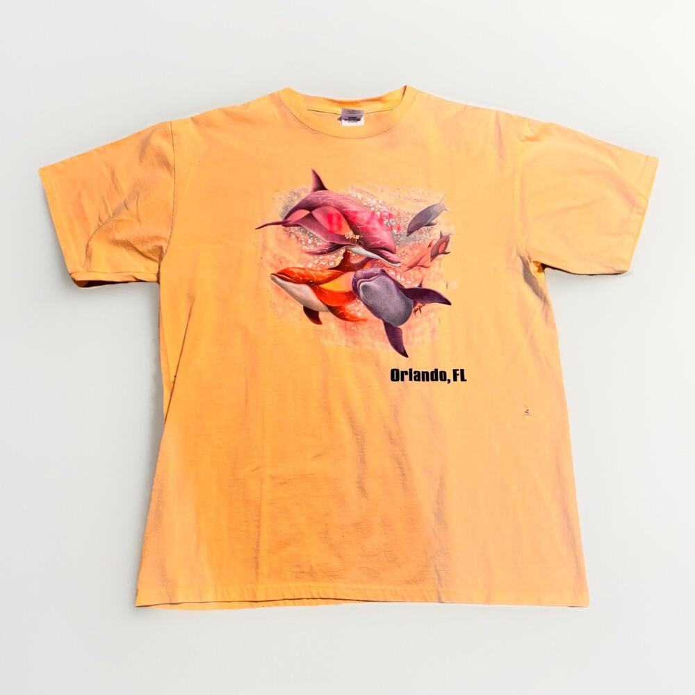 Orlando FL Dolphin Graphic T Shirt Mens Large Yellow Tee Small Tear